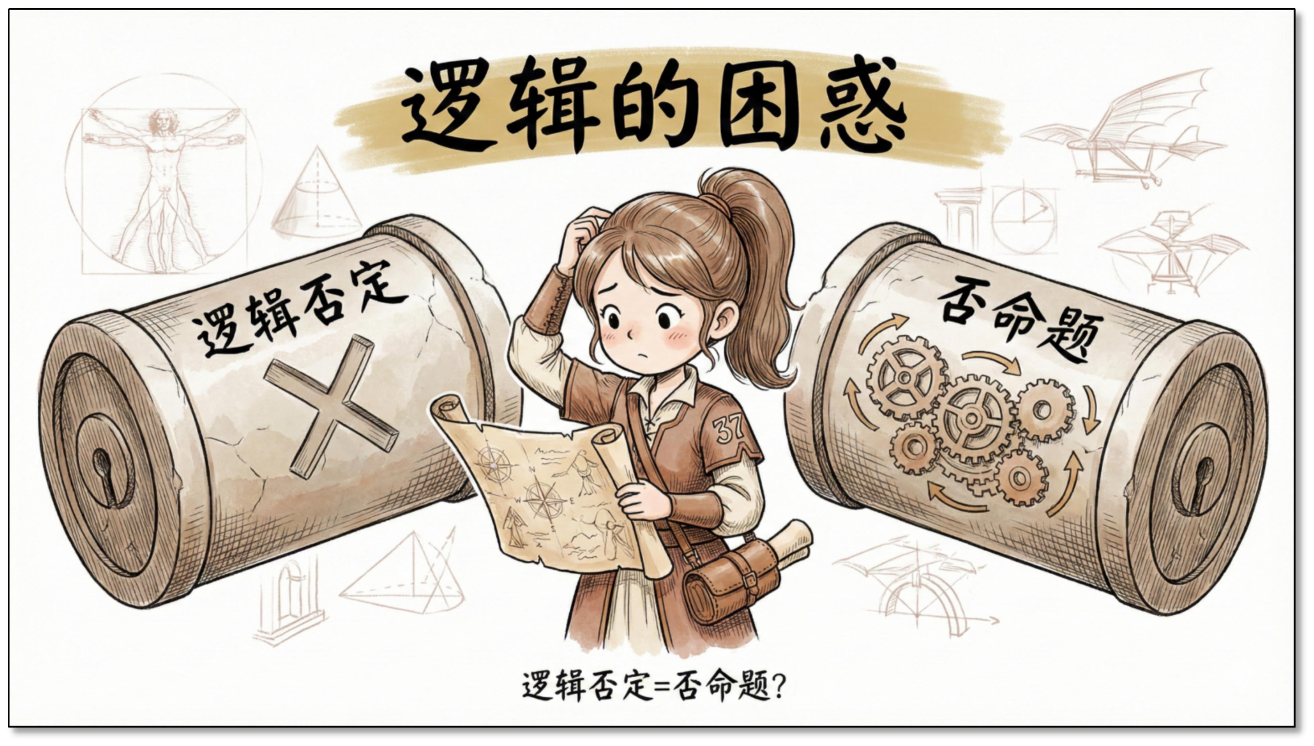 逻辑的困惑：画面中同时出现逻辑否定与否命题。